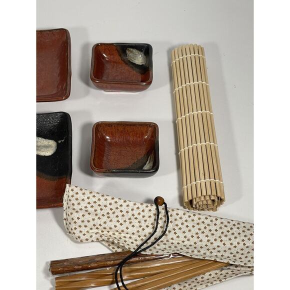 Vintage 12 Pc Hand Painted Japanese Sushi Set Plates Chopsticks Mat Stoneware - Picture 6 of 8